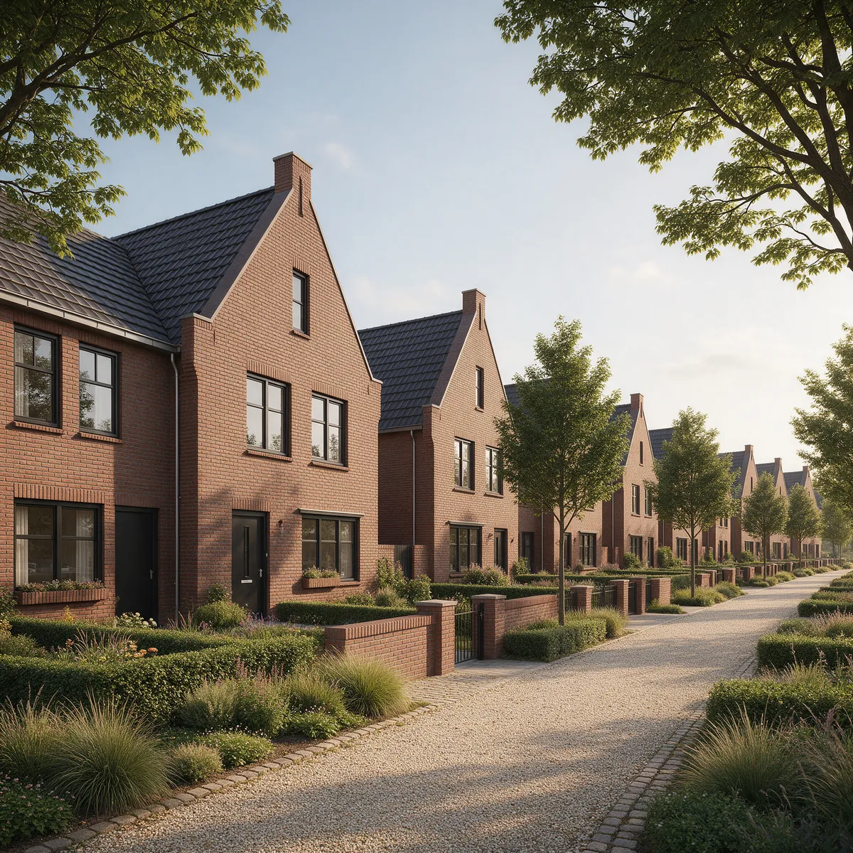 Straat met baksteenwoningen in het groen