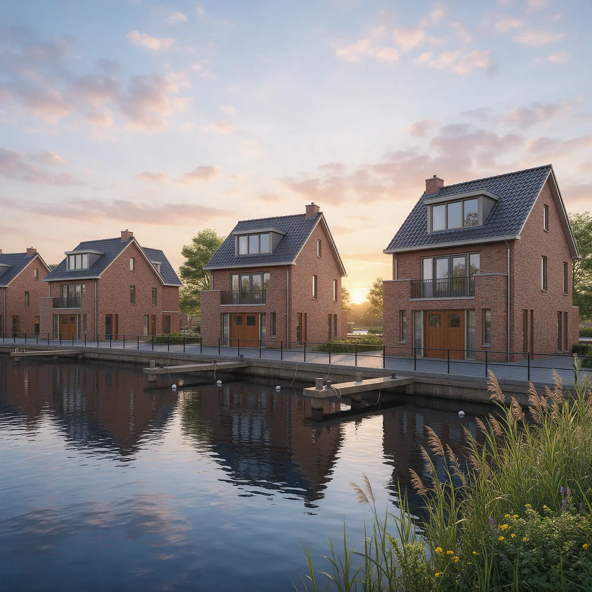 Woningen aan het water in het groen